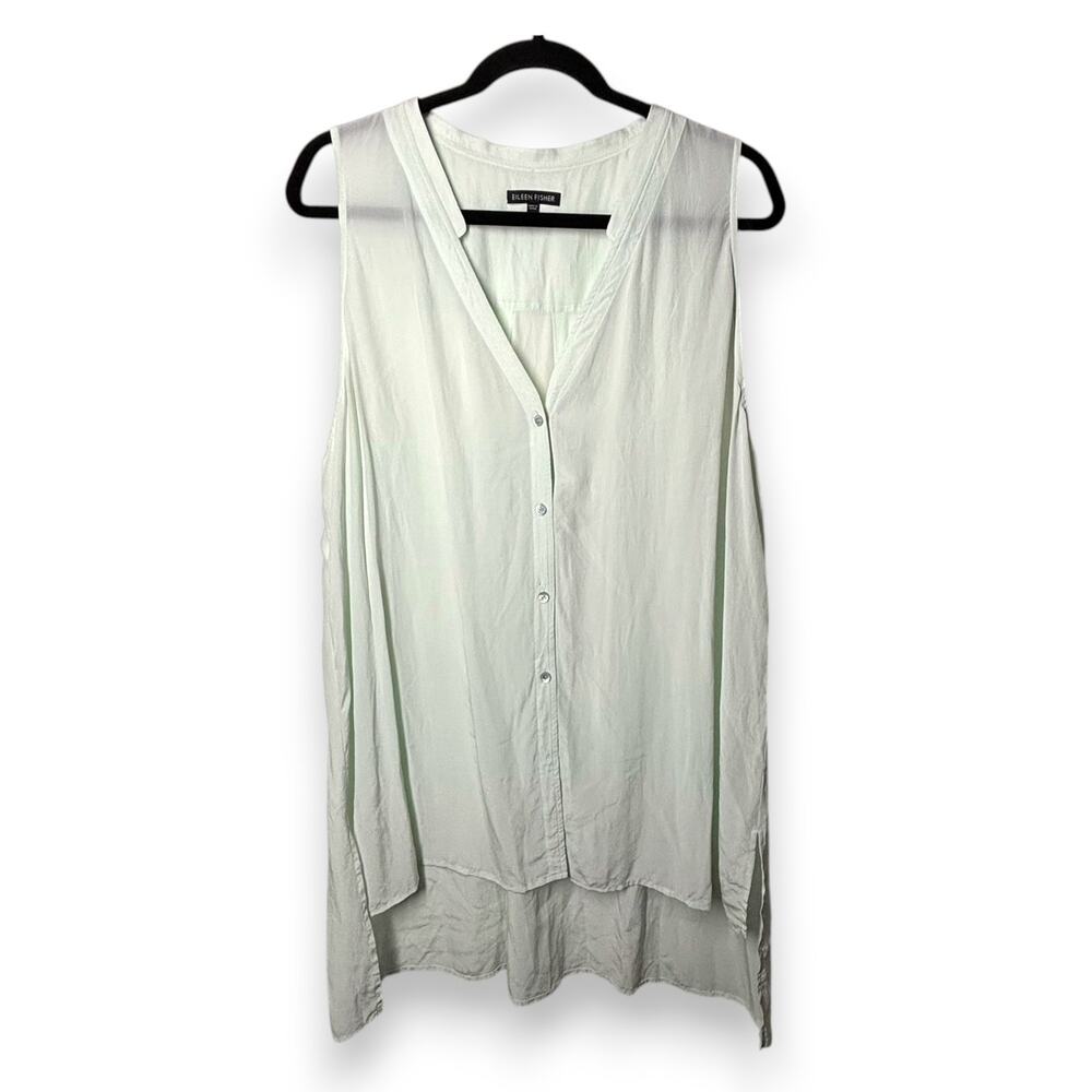 Eileen Fisher | XL | 100% Silk Sheer Mint Green Sleeveless Button-Up Blouse Top - Picture 2 of 5